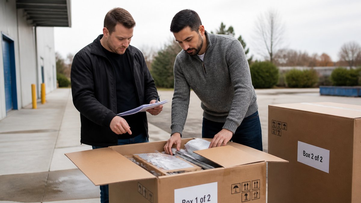 Two resellers inspecting matched inventory items with a checklist to manage returns from matched inventory