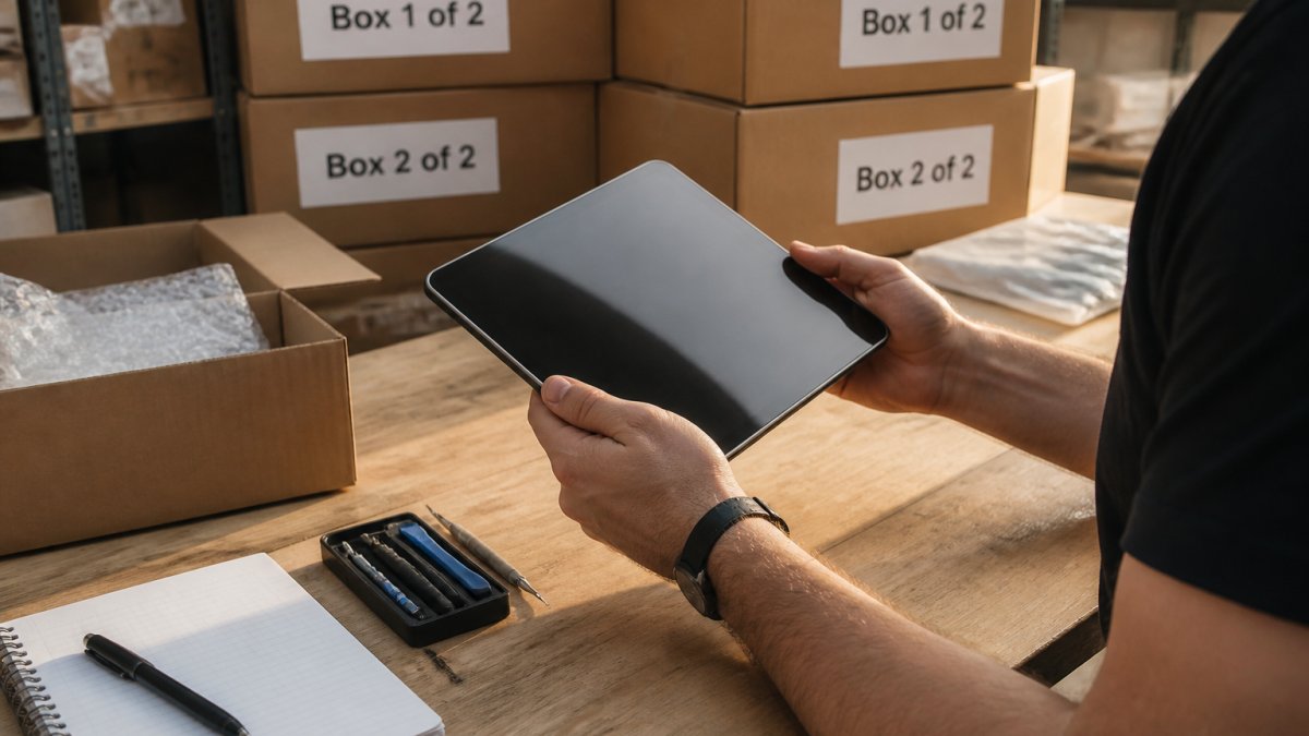 Reseller inspecting returned electronics on a workbench with tools and a notepad