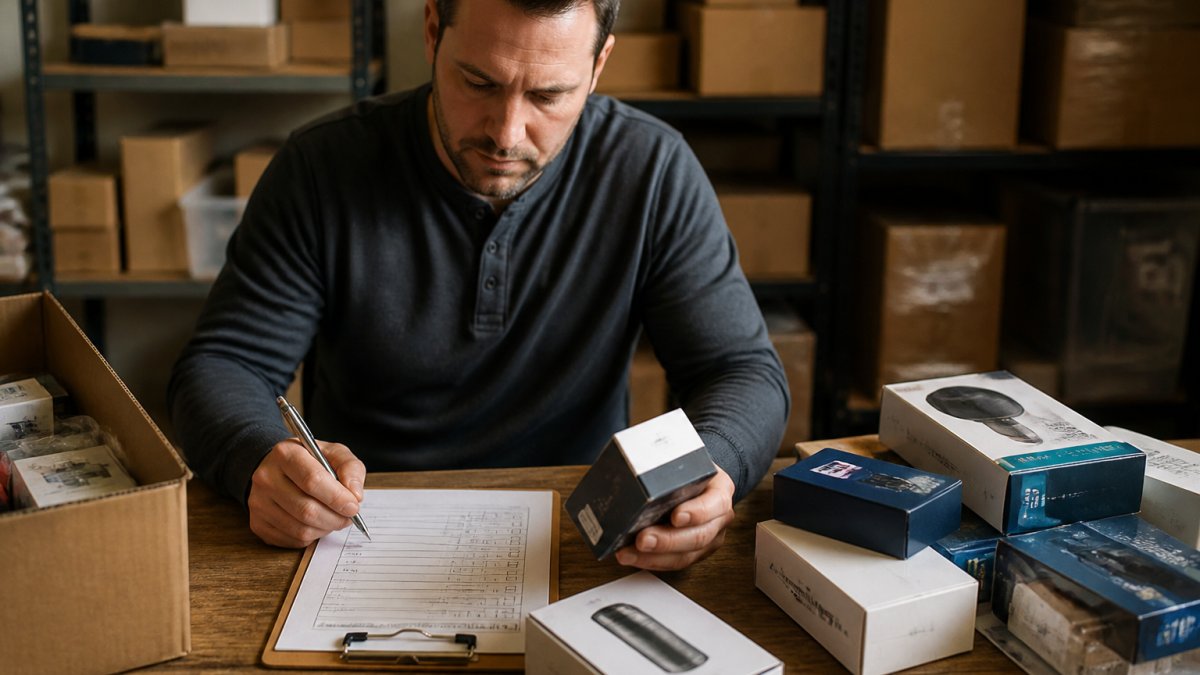 Reseller using a checklist to perform inventory matching safe procedures at a desk