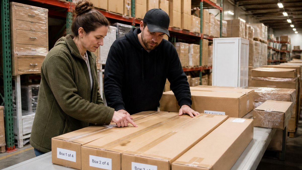 Resellers inspecting inventory to sort mismatched product sets in a warehouse flow chart