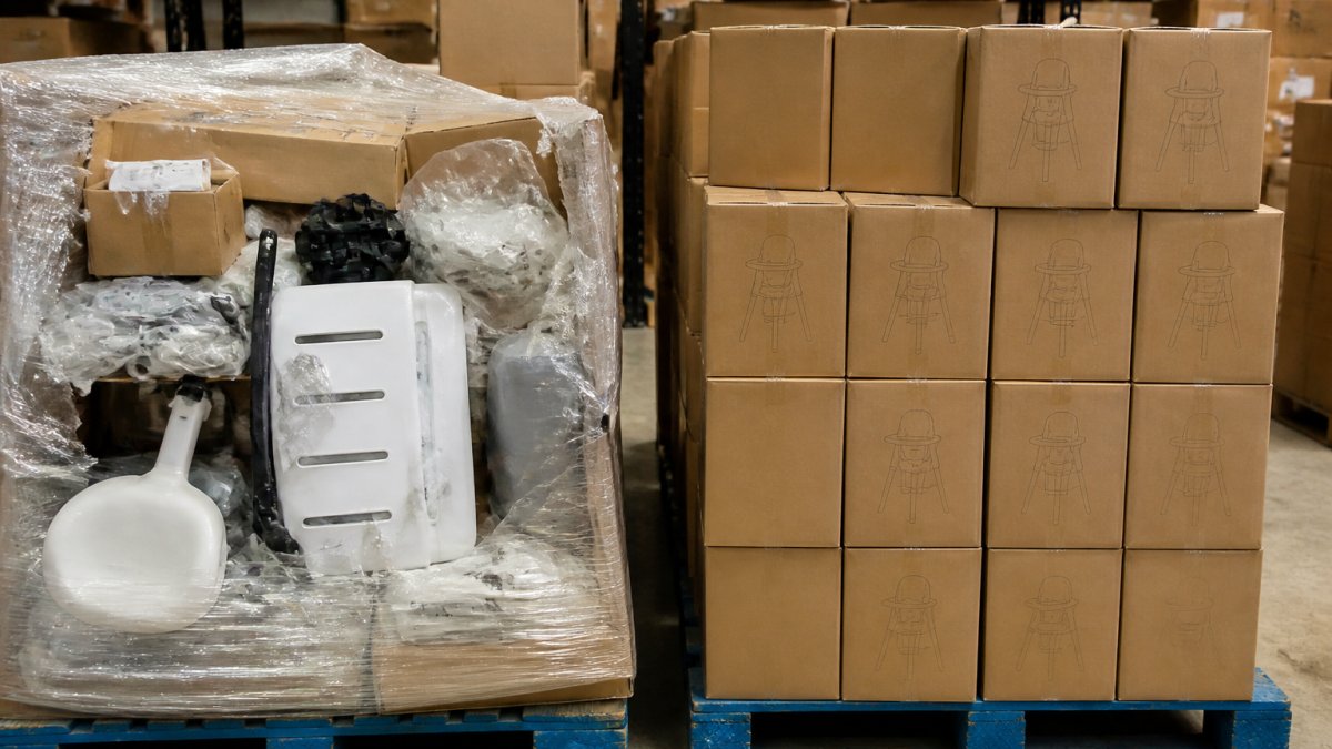 Liquidation reseller inspecting an open pallet of returned merchandise while reselling overstock in a warehouse